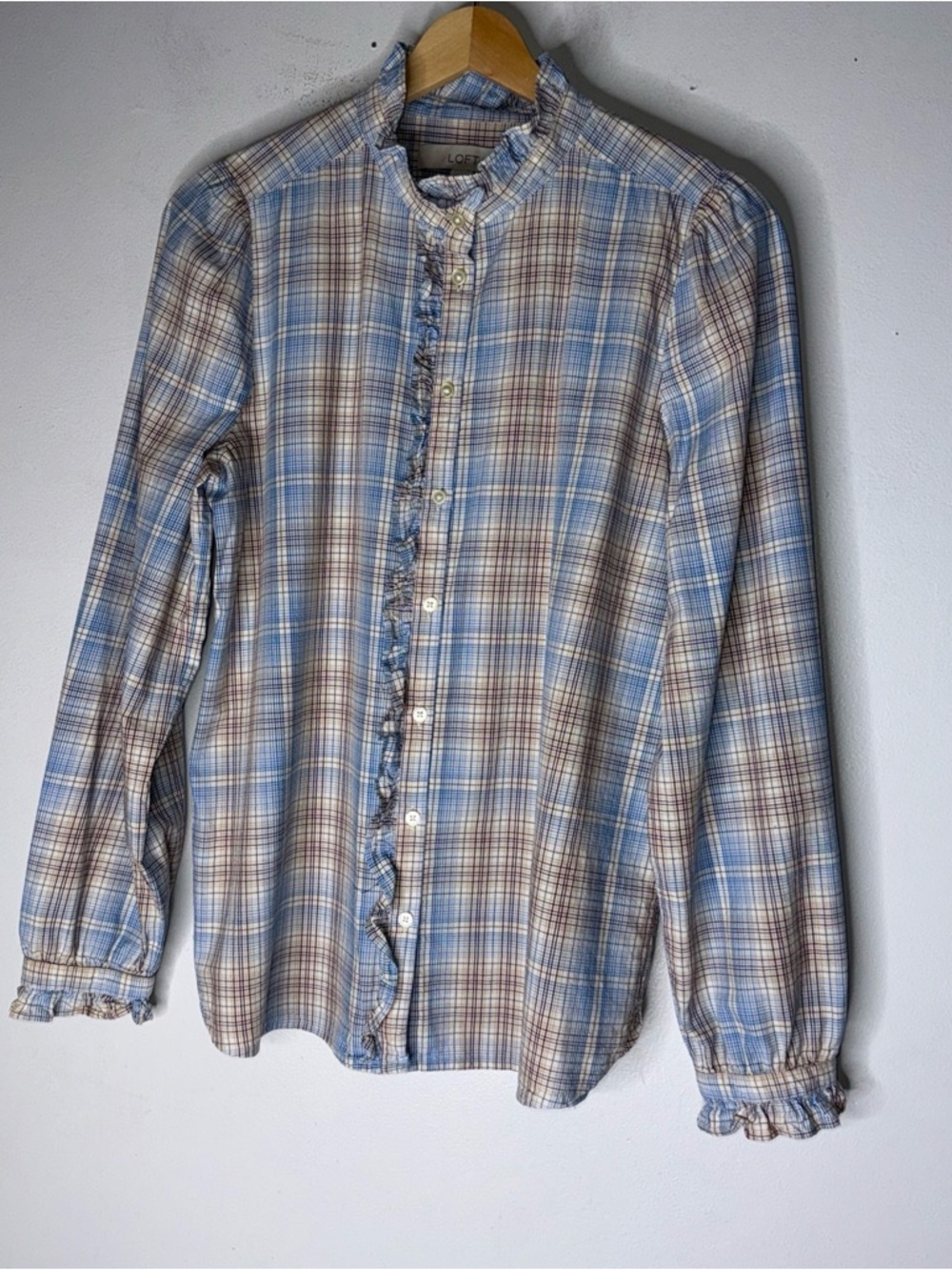 Loft Plaid Ruffle Collar Button Down Blue Brown White Plaid Small